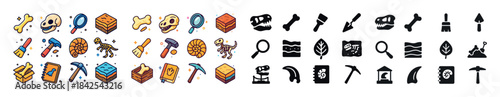 Colorful and black fossil and archaeology icons collection