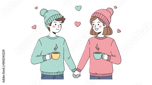Romantic Serenity: A couple, hand in hand, shares an intimate moment, symbolized by holding coffee, while the delicate pink hearts flutter.