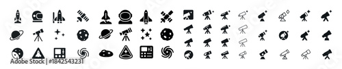 Space exploration icons: rockets, satellites, telescopes, planet