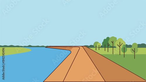 Vibrant vector illustration showcasing a tranquil riverside landscape with a winding dirt path, lush green trees, and a clear blue sky, evoking a sense of peaceful nature