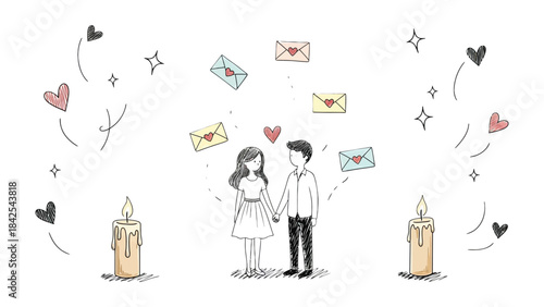 Love and Romance: A whimsical scene unfolds where a loving couple stands hand in hand amidst floating hearts, love letters, and twinkling stars. Lit candles illuminate the atmosphere
