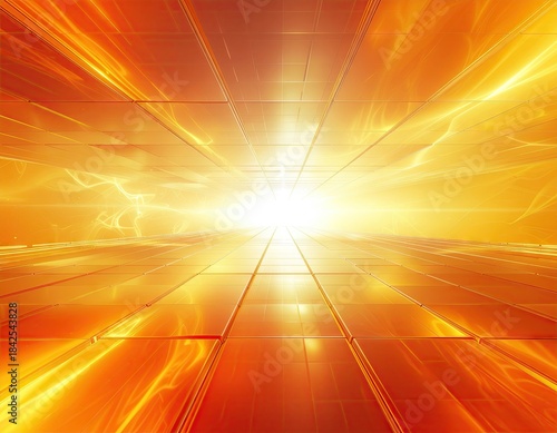 Abstract Golden Orange Infinite Digital Grid Tunnel with Bright Light Explosion at the End Showing Futuristic Technology and Cosmic Energy