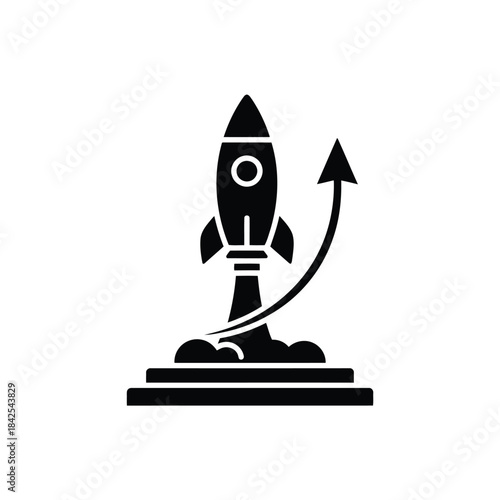 A black and white icon illustrating a rocket launch symbolizing startup success and rapid progress