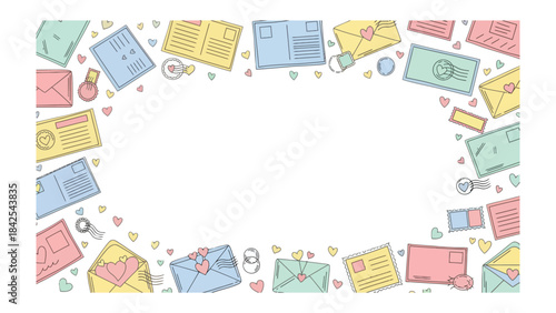 Love Letters Layout: A charming frame of pastel envelopes, postcards, stamps, and heart details, offering a touch of romantic elegance to express love and care.