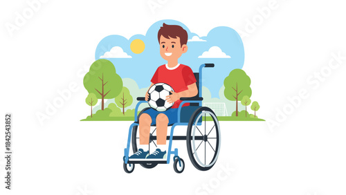 A young boy in a wheelchair playing with a soccer ball outdoors in a park on a sunny day with trees and grass
