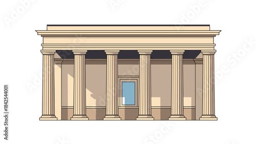 A digital illustration of a building facade with columns and a window