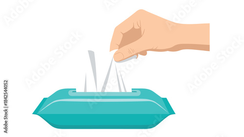 A hand pulling a tissue from a green tissue box on a