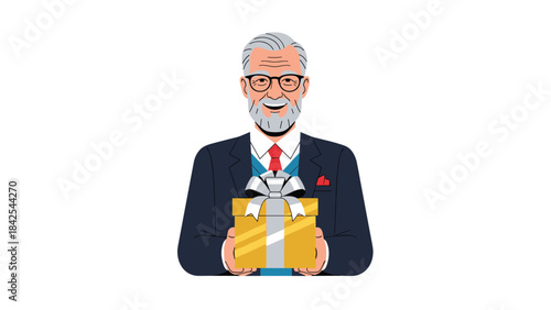 Smiling senior man in business attire holding a gift box with a bow