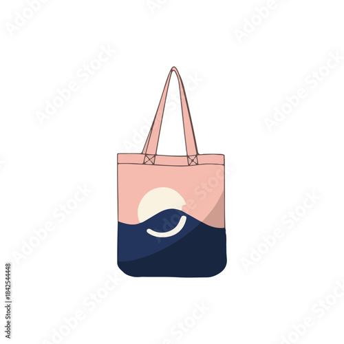 a canvas tote bag with a pink top half and a dark blue bottom depicting a sunset over ocean waves