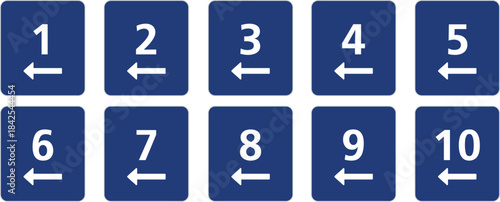 Blue Square Numbers 1-10 with Left Arrows , Set of Blue Square Signs with Numbers 1 to 10 and Left Directional Arrows
