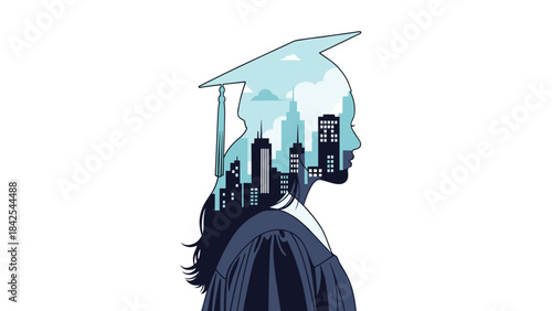 A creative illustration of a womans head with a cityscape inside, symbolizing urban life and female empowerment in modern society and culture