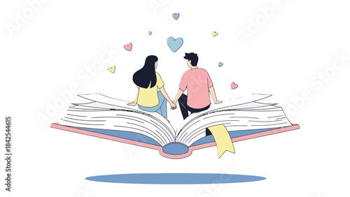 Couple in Romance of Story: An intimate illustration of a couple sharing a moment, seated on the pages of an open book, amidst a shower of hearts, a metaphor for love's story. 