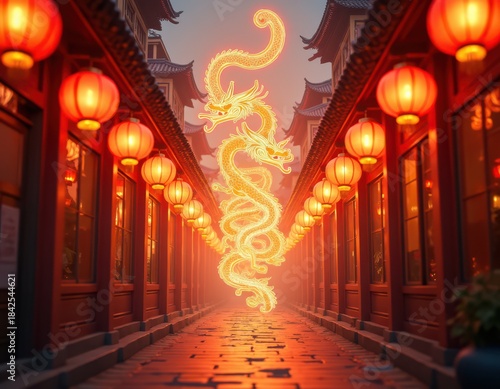 Chinese New Year. A vibrant alleyway illuminated by red lanterns, featuring a majestic golden dragon weaving through the scene, creating a mystical atmosphere.