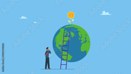 Businessman about to climb up ladder on globe to reach money plant. Global investment opportunity, world stock mutual funds, international or worldwide company profit growth.