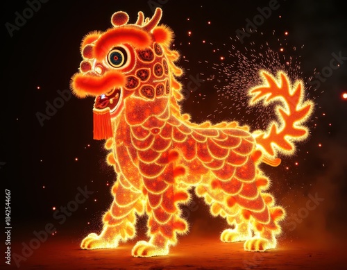 Chinese New Year. A vibrant, illuminated lion dance figure radiates energy and celebration, symbolizing luck and prosperity in cultural festivities.