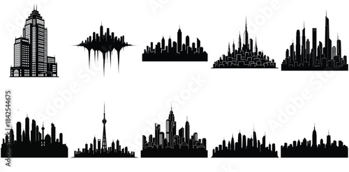 A large collection of various black city skyline silhouettes and single building vector illustrations