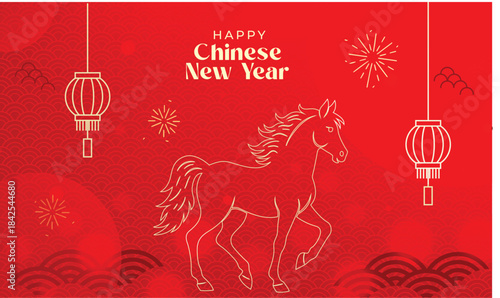 Happy Chinese new year 2026 banner vector set. Year of the horse zodiac template with lantern, horse, mountain line art on red background. Design for card, cover, Happy New Year, ads.
