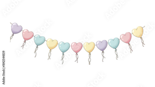 Heart Balloon Garland: A whimsical string of heart-shaped balloons, each a soft pastel hue, is suspended gracefully, embodying the sweetness of love and the joy of celebrations.