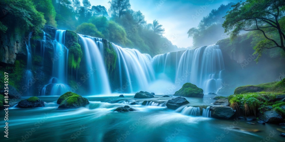 Naklejka premium Serene Waterfall Scene with Misty Atmosphere and Lush Greenery
