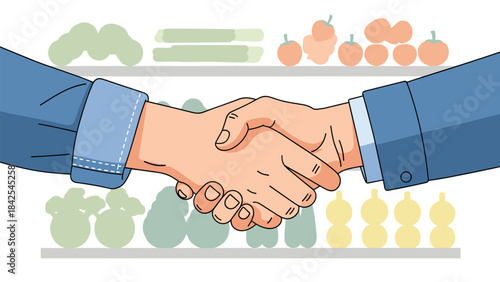 Business handshake agreement with colorful fruits and vegetables on shelves in the background, symbolizing healthy food partnership