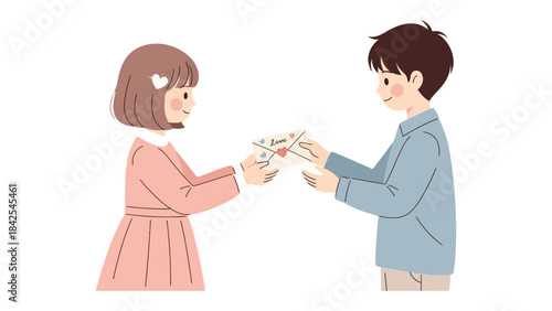 Love's Exchange: A tender moment unfolds as two figures, a boy and girl, exchange folded letters, symbolizing budding romance, affection, and the heartfelt beginning of a special connection.