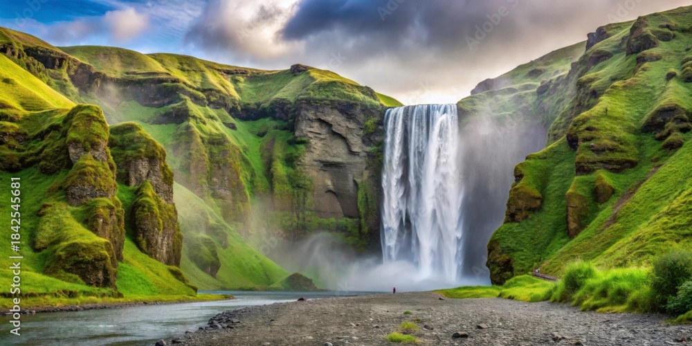 Fototapeta premium Majestic Waterfall Cascading Down Lush Green Mountainside Landscape