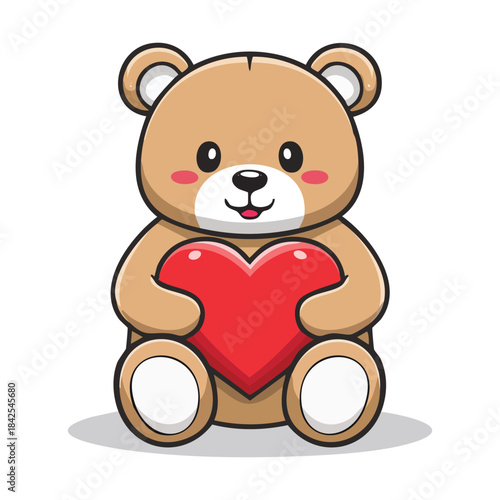 Cute Teddy Bear Holding Red Heart Vector Illustration