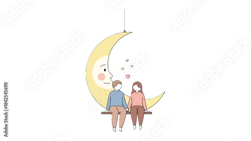 Moonlit Serenade: A tender moment unfolds as a couple shares a serene evening, seated upon a crescent moon swing, bathed in gentle light and surrounded by hearts. 