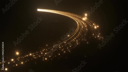 Abstract Golden Light Trails and Sparkling Particles Flowing on a Dark Background