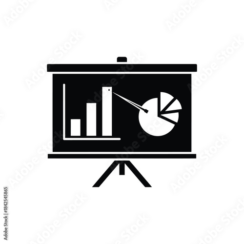 Black icon of a presentation screen on a tripod stand displaying statistical bar and pie charts
