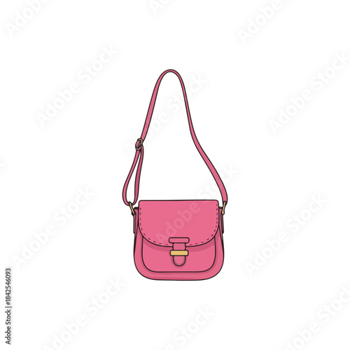 a simple, bright pink satchel or messenger bag with an adjustable shoulder strap and a gold-toned buckle