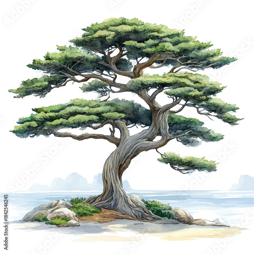 Cypress Plant, watercolor illustration vector, isolated on a white background.