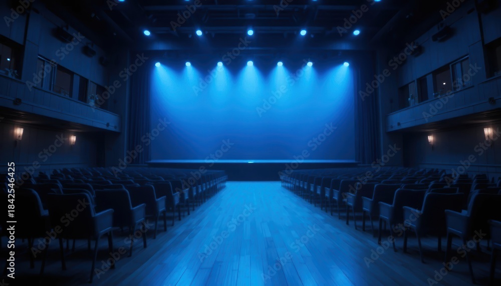 Naklejka premium Empty theater with blue stage lights ready for performance at night Generative AI