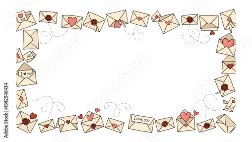 Love Letters Frame: A frame composed of hand-drawn envelopes and hearts, with an empty center for adding your own personal message, perfect for conveying romantic feelings.