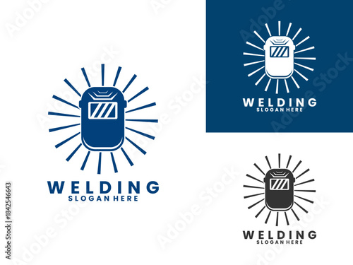 Vintage welding helmet logo design vector template. Welding logo design vector