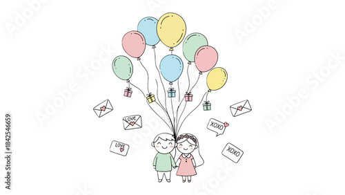Couple in Love with Balloons: A charming illustration depicts a couple, holding hands and gazing upward at a cluster of colorful balloons and gifts, embodying love, joy.