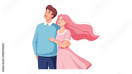 Love's Dreamy Embrace: A romantic couple, arm in arm, gazes upward with hopeful anticipation, sharing a moment of tender affection and looking toward the future.