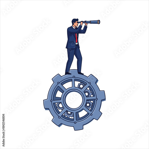 a man in a business suit standing on a large blue gear and looking through a telescope