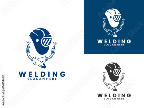 Creative welding with welding helmet logo design vector template