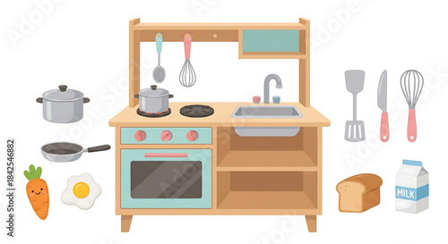 Cute Toy Kitchen Set and Cooking Utensils Vector Illustration
