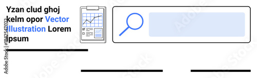 Business operations, analytics, search optimization, data management, information lookup, project planning. Search bar, clipboard with graph and placeholder text. Business operations and analytics