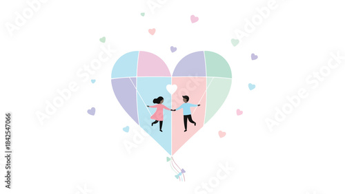 A Tender Flight of Love: Depicting a couple soaring together in a whimsical, heart-shaped hot air balloon, a symbol of togetherness and a journey towards love and dreams. 
