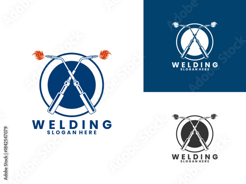 Welding tools with fire logo design vector template