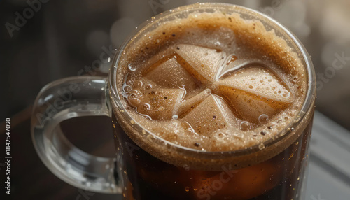 8k view cold brew coffee with foam.