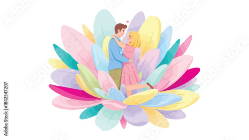 Eternal Embrace: Amidst a delicate arrangement of colorful petals, a couple shares an intimate moment. It evokes a feeling of togetherness, tender and serene. 