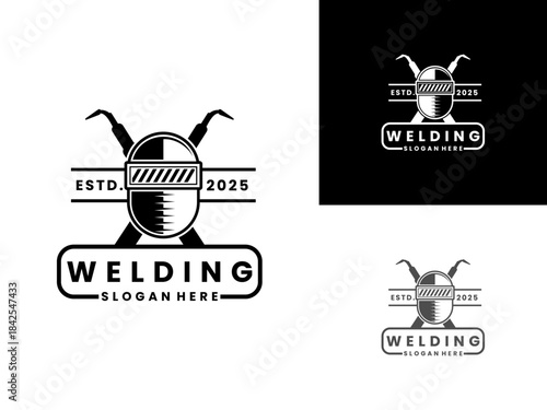Professional welding with welding helmet logo design vector template