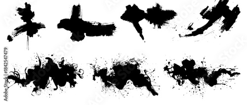 Collection of vector paint strokes, splashes, and streaks. Sketchy bold lines. Black ink brush strokes and banners with grunge effect