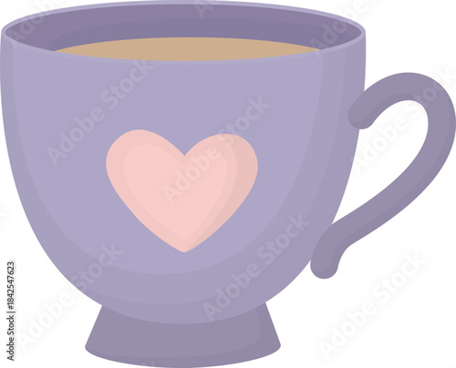Purple cup with pink heart isolated on white. Cute illustration of drink in mug with romantic designs.