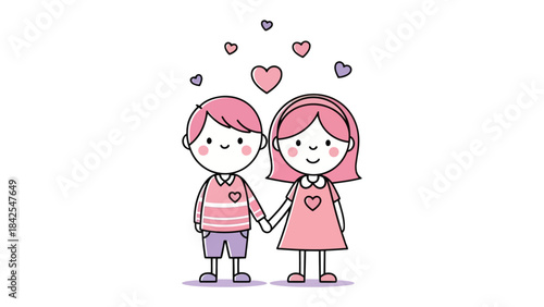 Cute Couple's Connection: Two adorable cartoon figures, a boy and a girl, holding hands, symbolizing love and companionship. Hearts float above them, completing this perfect picture.