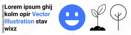 Happiness, eco-friendly concepts, sustainability, growth, environmental awareness, positive vibes. Blue happy face, black seedlings and tree icons in a minimalist style. Happiness and eco-friendly